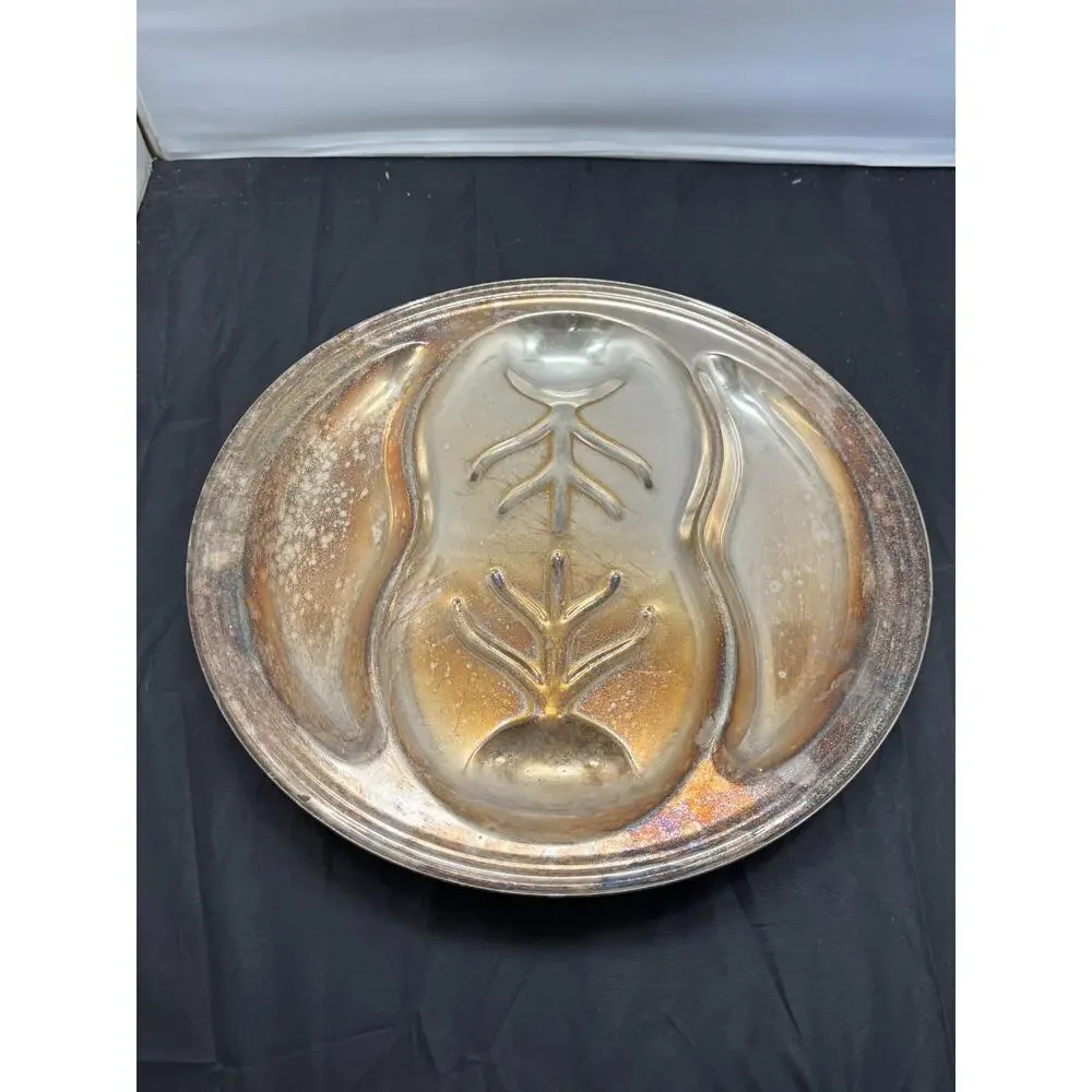 Vtg Silver on Copper 3 Section Divided Relish Platter Tray Pear Footed Dish 18
